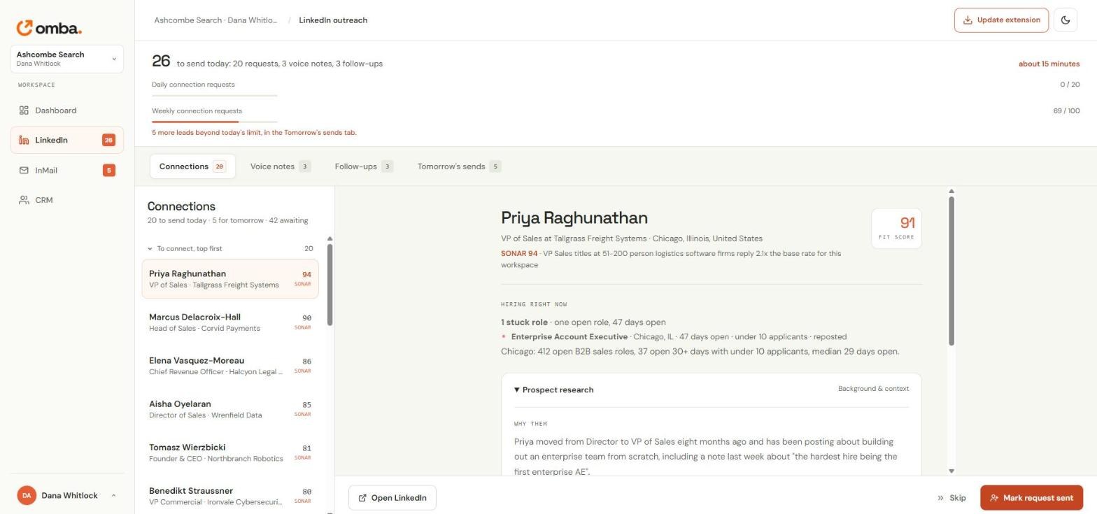 The Omba queue: a list of hiring managers with the hiring data on each and the message already written
